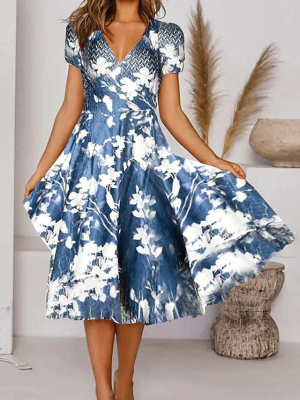 Fudus lässiges Kurzarm-Wickelkleid mit V-Ausschnitt und Print