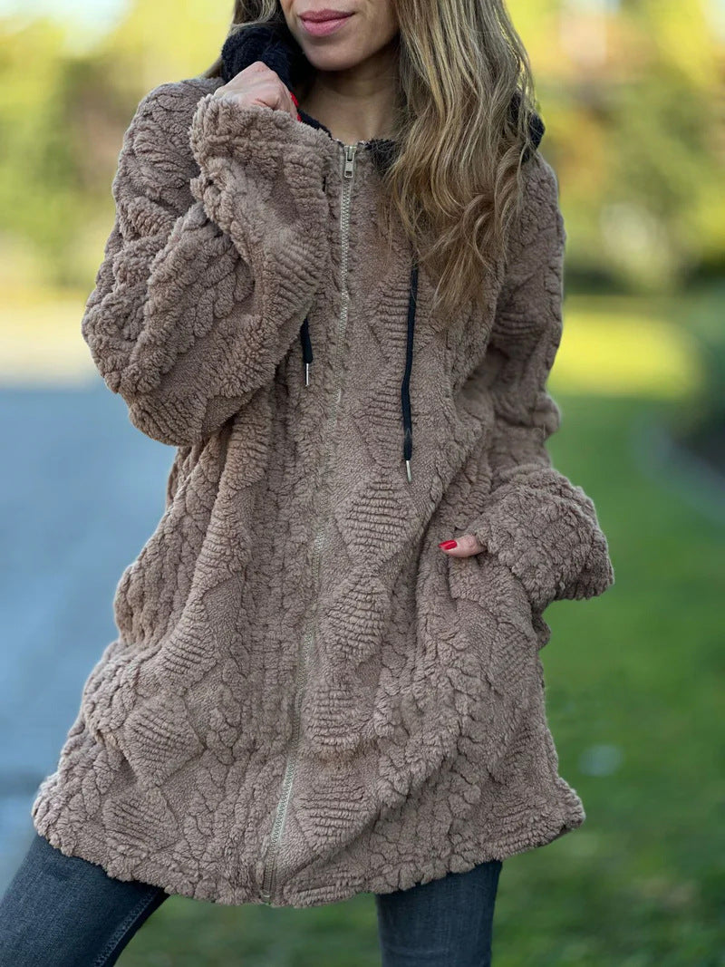 Krohn-e | Lange Weinlese Kapuzen Fell Reißverschluss Gestrickte Jacke