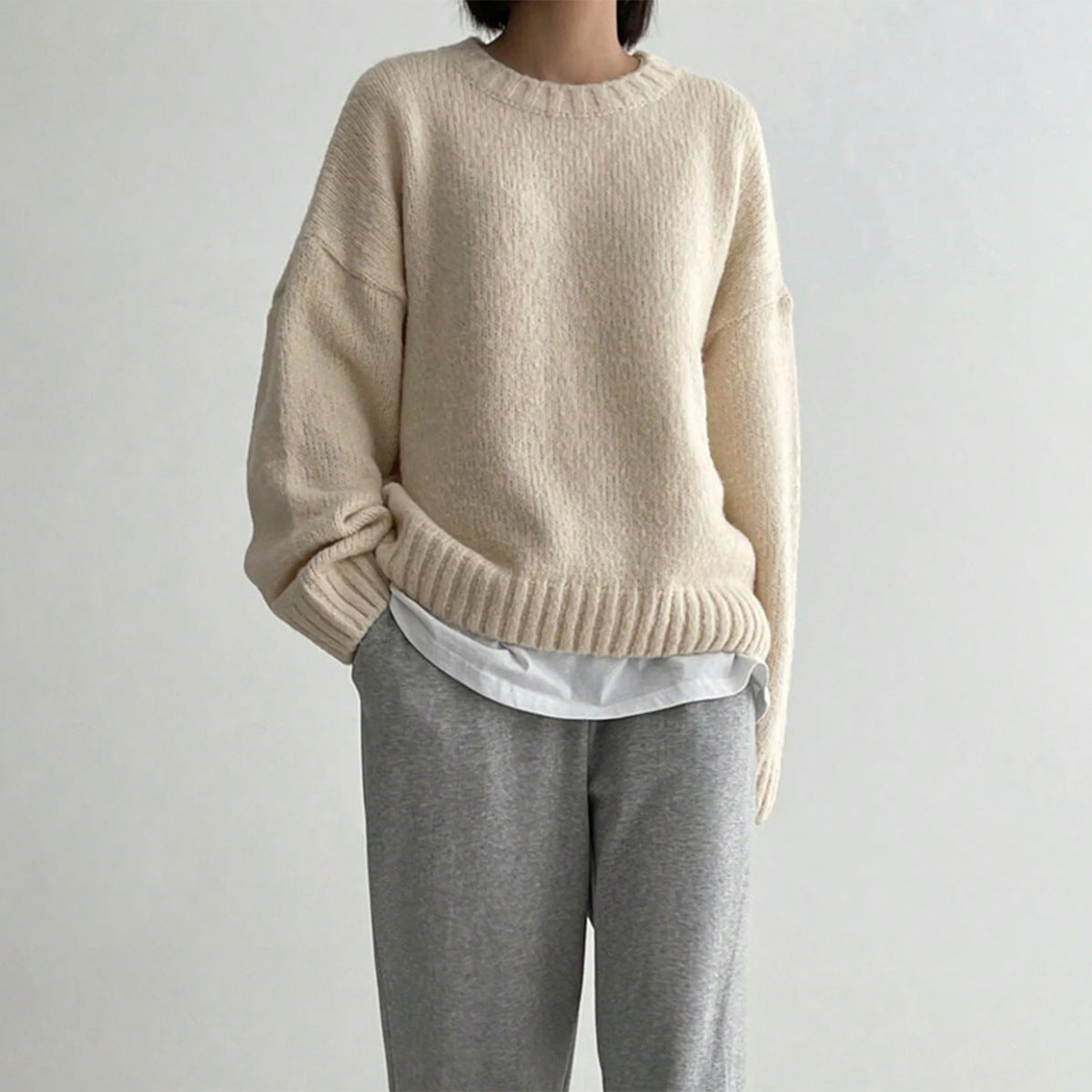 Krohn-e | Pullover Gestrickte Wolle Übergröße Schnitt Rundhalsausschnitt Rippendetails