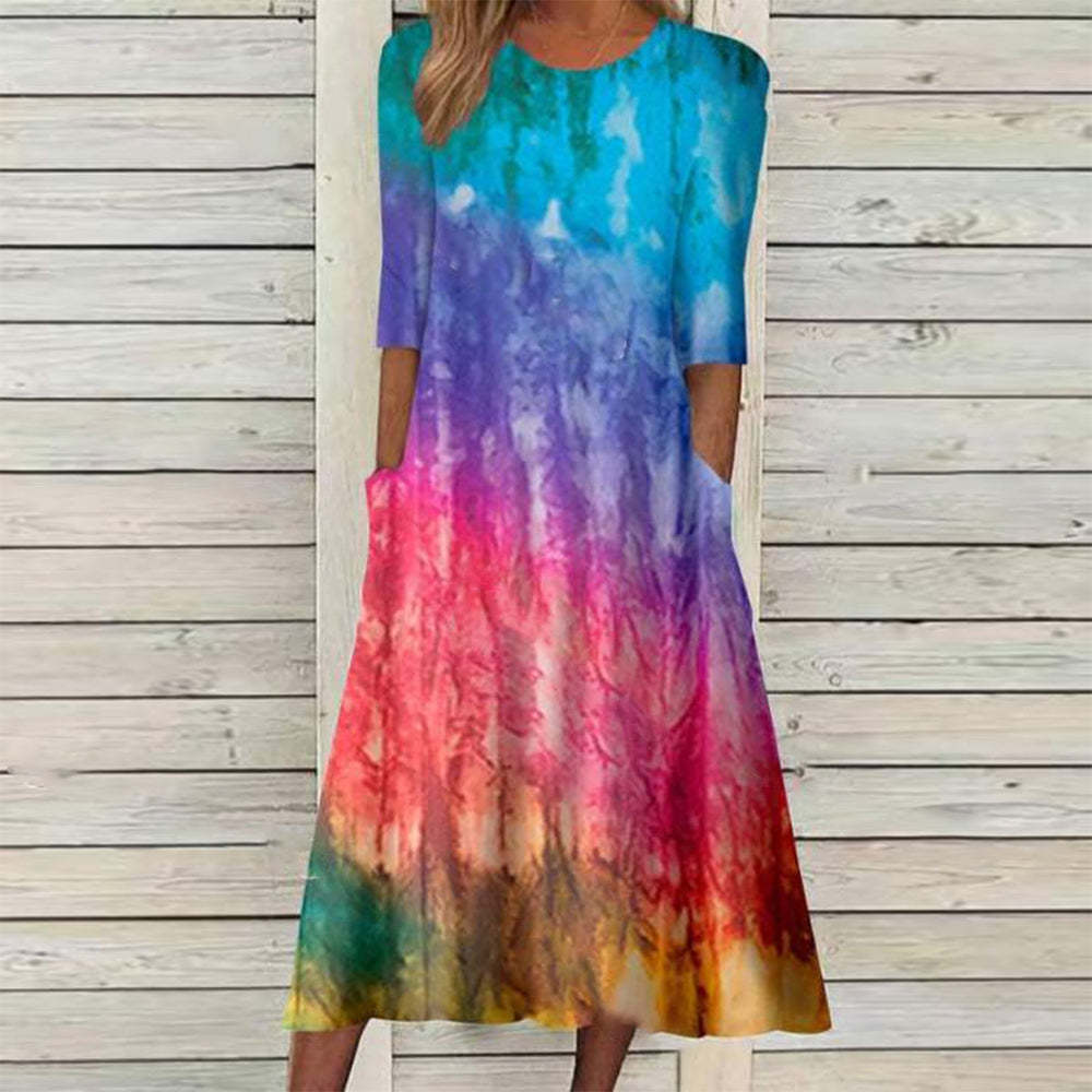 Fudus Damen Kurzarm-Kleid mit Rundhalsausschnitt und lässigem Print