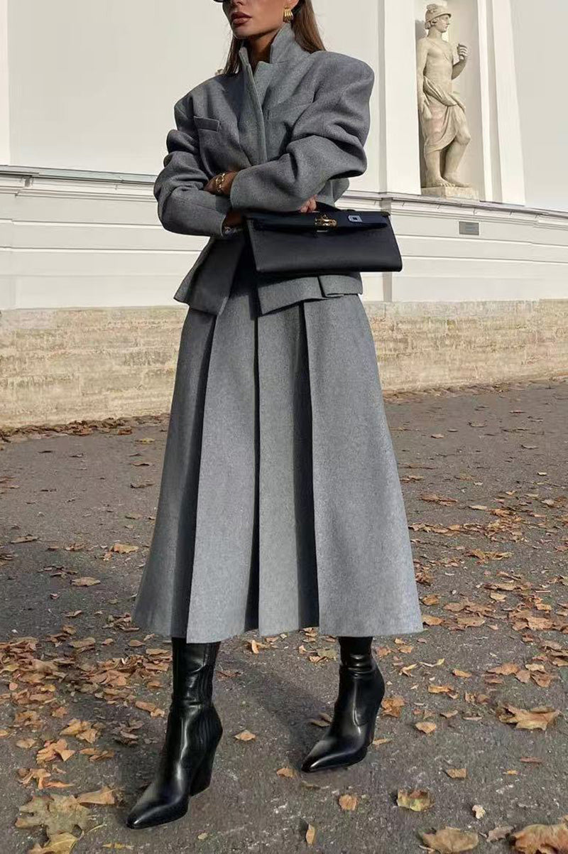 Krohn-e | Einreihiger Schlanker Wollanzugjacke und Rock Zweiteiliges Satz