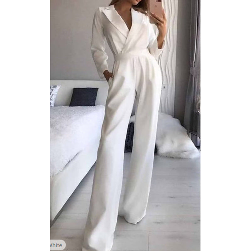 Damen eleganter Jumpsuit mit langem Bein und klassischem Schauspielkragen Krohn-e