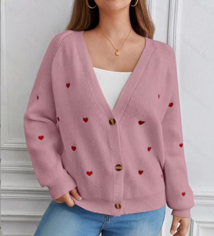 Damen lässige Strickjacke mit Herzapplikationen und tiefem V-Ausschnitt Krohn-e
