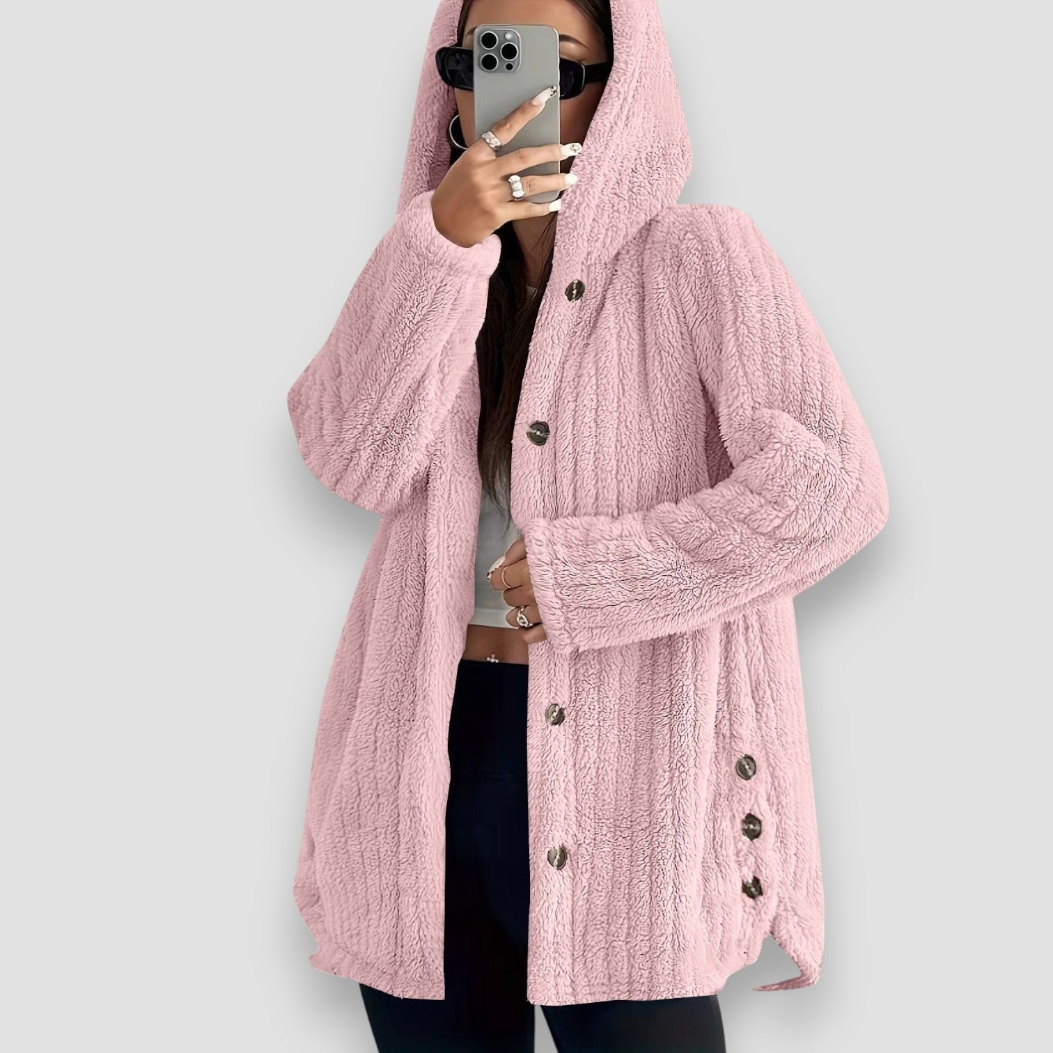 KROHN-E Damen Kapuzen-Cardigan Plüsch Winter