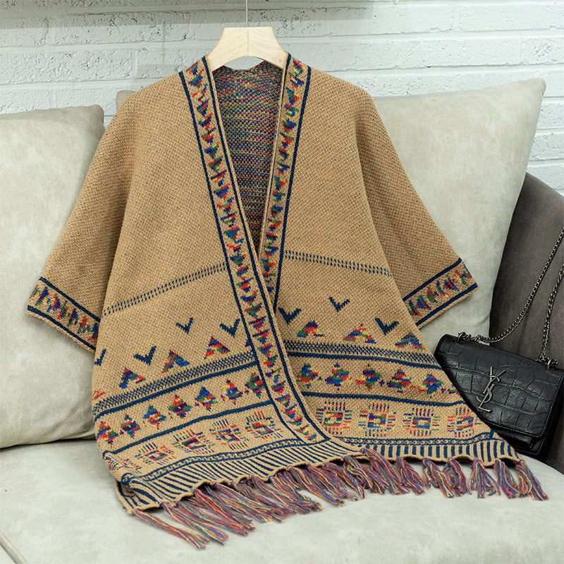 Damen stilvolle Poncho mit buntem Ethnomuster Krohn-e