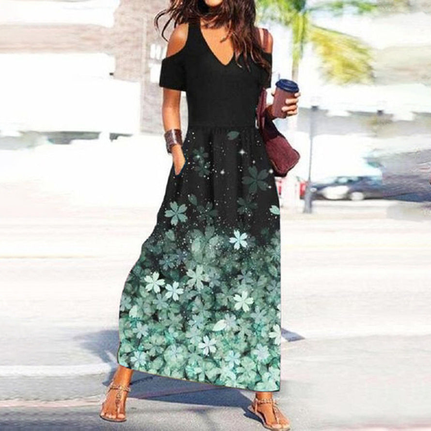 Elegantes Blumenmuster-Kleid mit V-Ausschnitt und off-shoulder Schnitt von Fudus