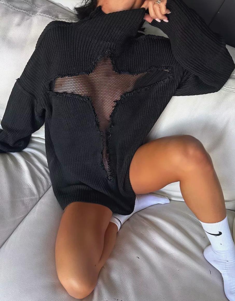 Damen Oversized Strickpullover mit aufregendem Mesh-Einsatz und unkonventionellem Design Krohn-e