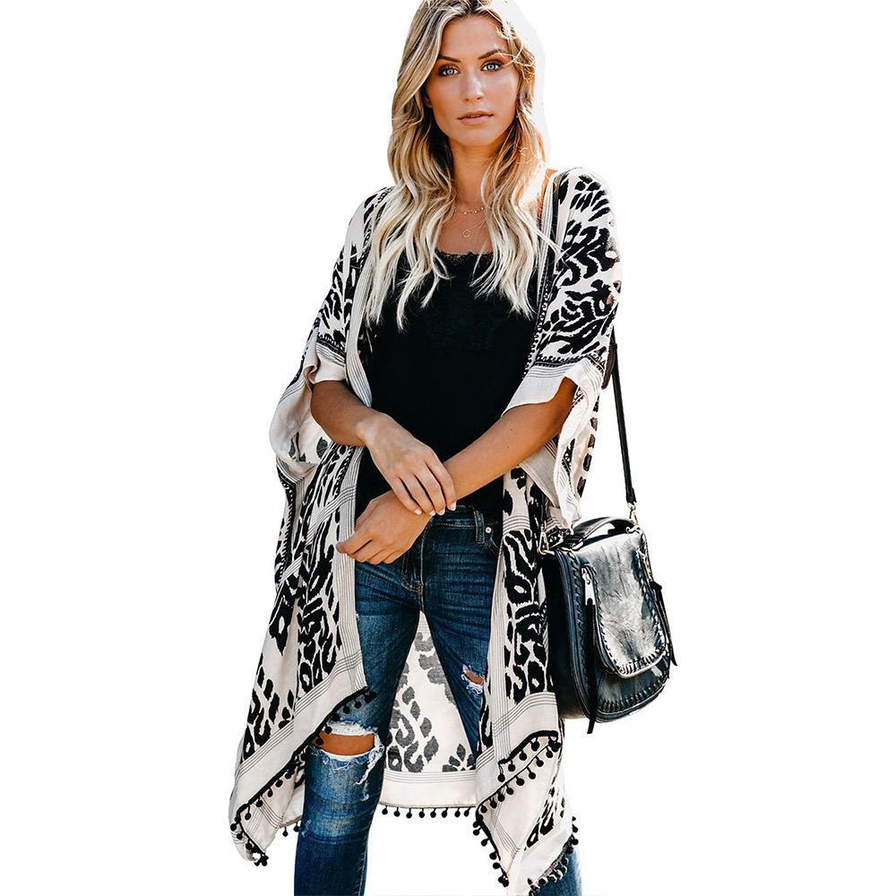 Damen Luftige Kimono-Cardigan mit aufwändigem Muster und fransenbesetzten Saum Krohn-e