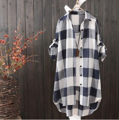 Damen Karo-Hemdbluse im lässigen Oversized-Schnitt mit langen Ärmeln und umschlagbaren Ärmeln Krohn-e