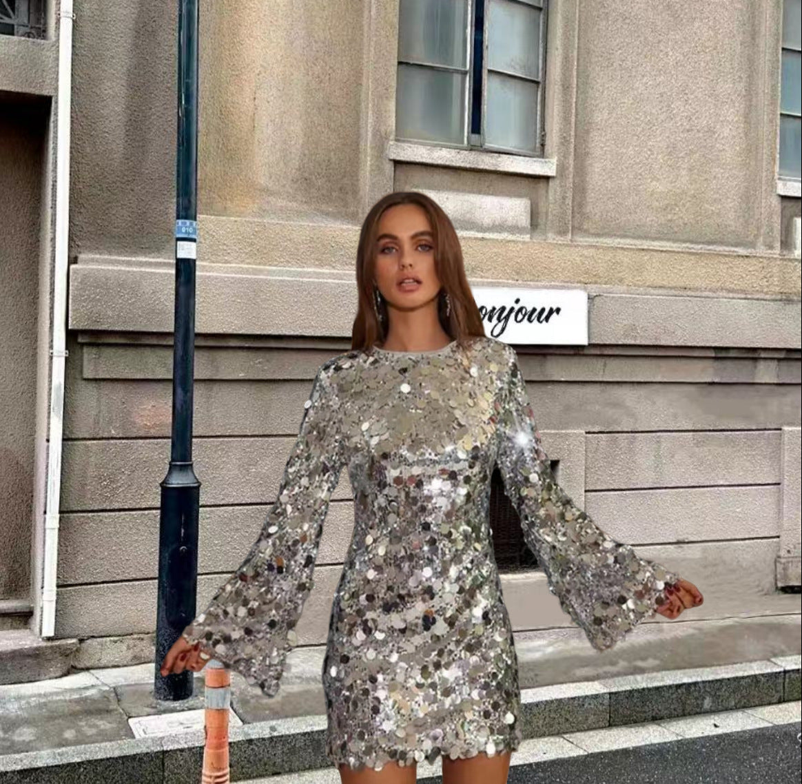 Damen Funkelndes Pailletten Cocktailkleid mit ausgestellten Ärmeln Krohn-e