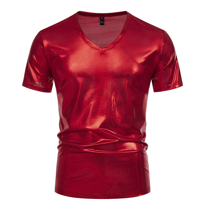 Herren V-Ausschnitt T-Shirt aus glänzendem Material mit persönlichem Stil Krohn-e
