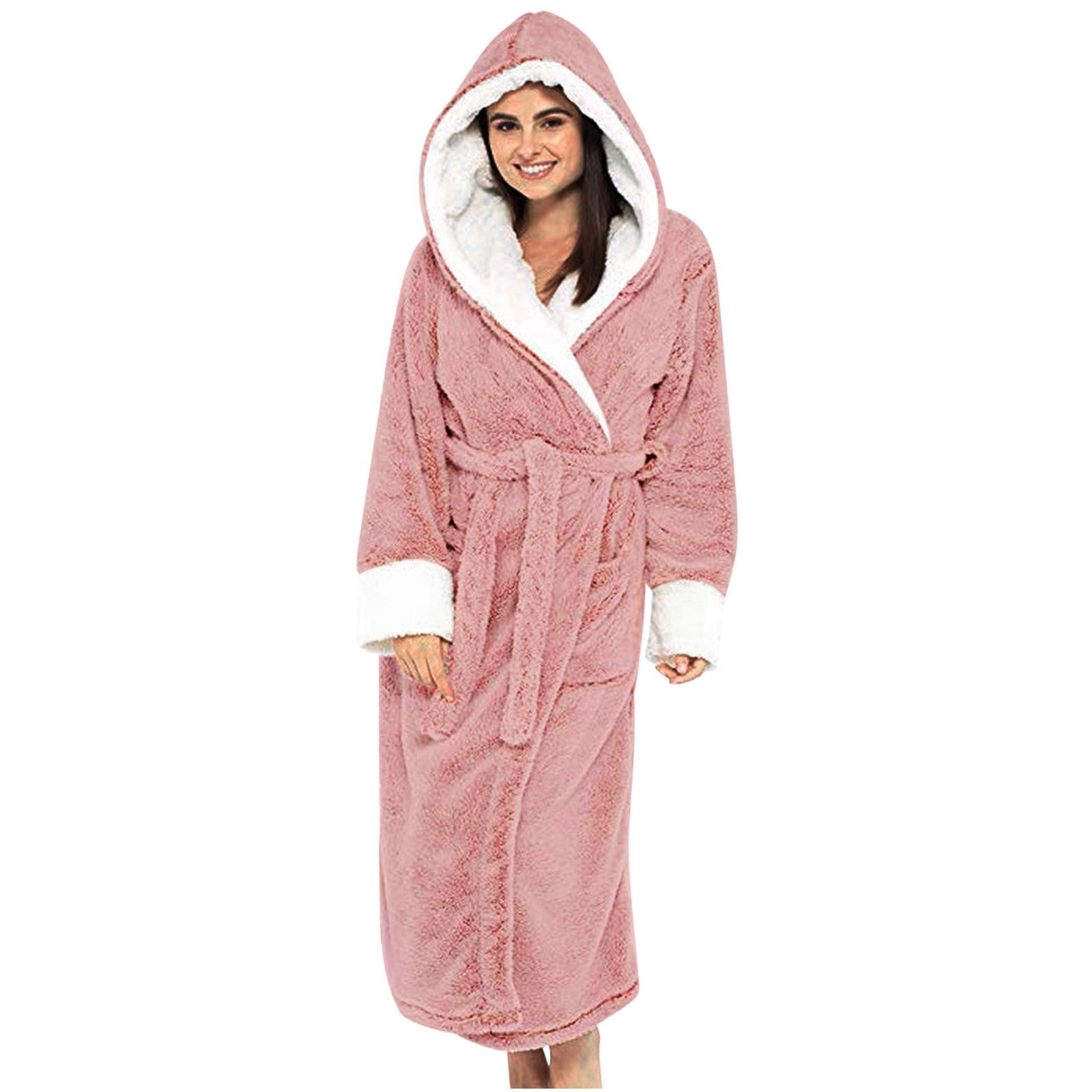 Damen Kuscheliger Fleece-Morgenmantel mit Kapuze und Gürtel Krohn-e