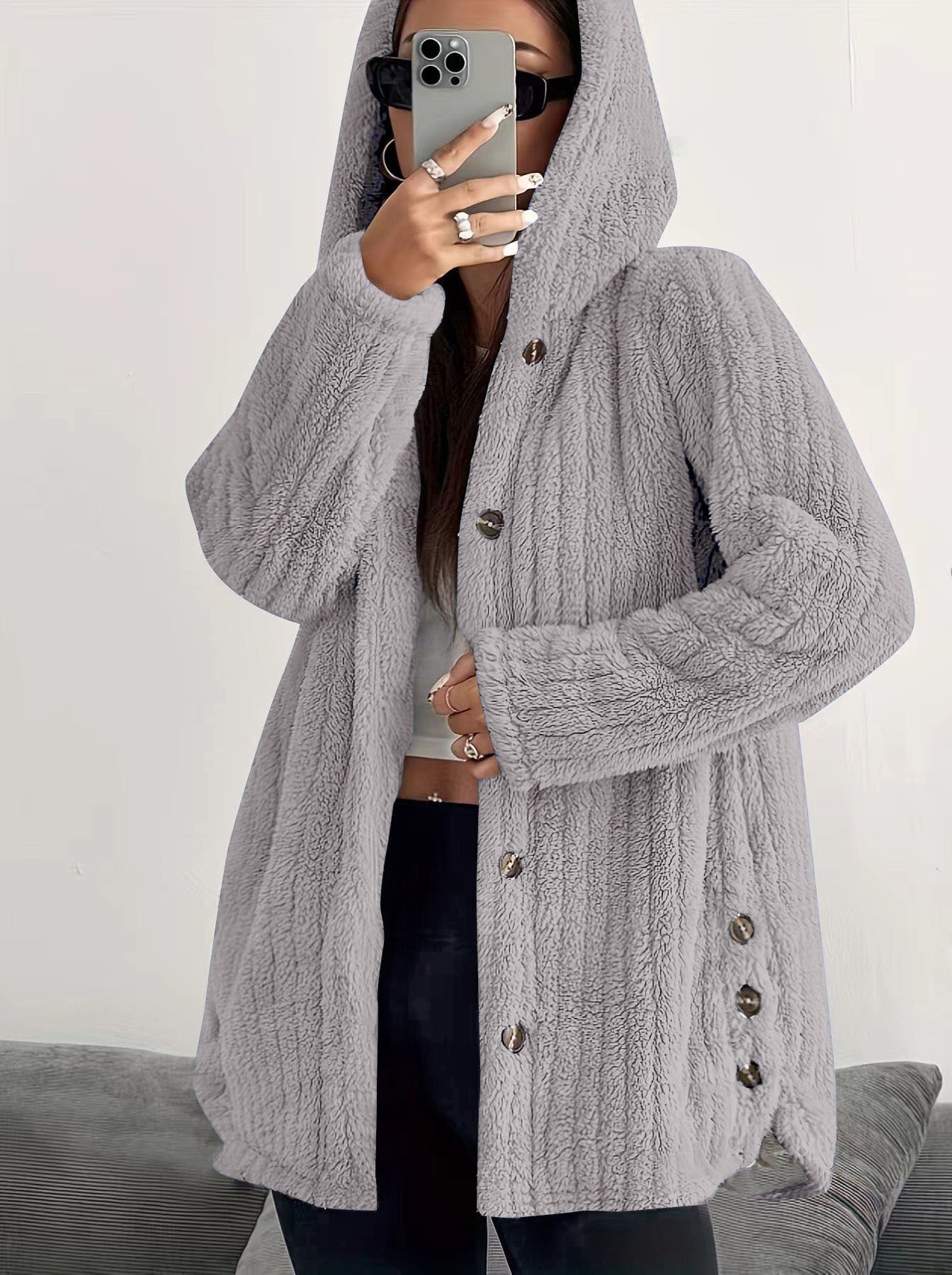 KROHN-E Damen Kapuzen-Cardigan Lange Ärmel Vordertaschen Winter