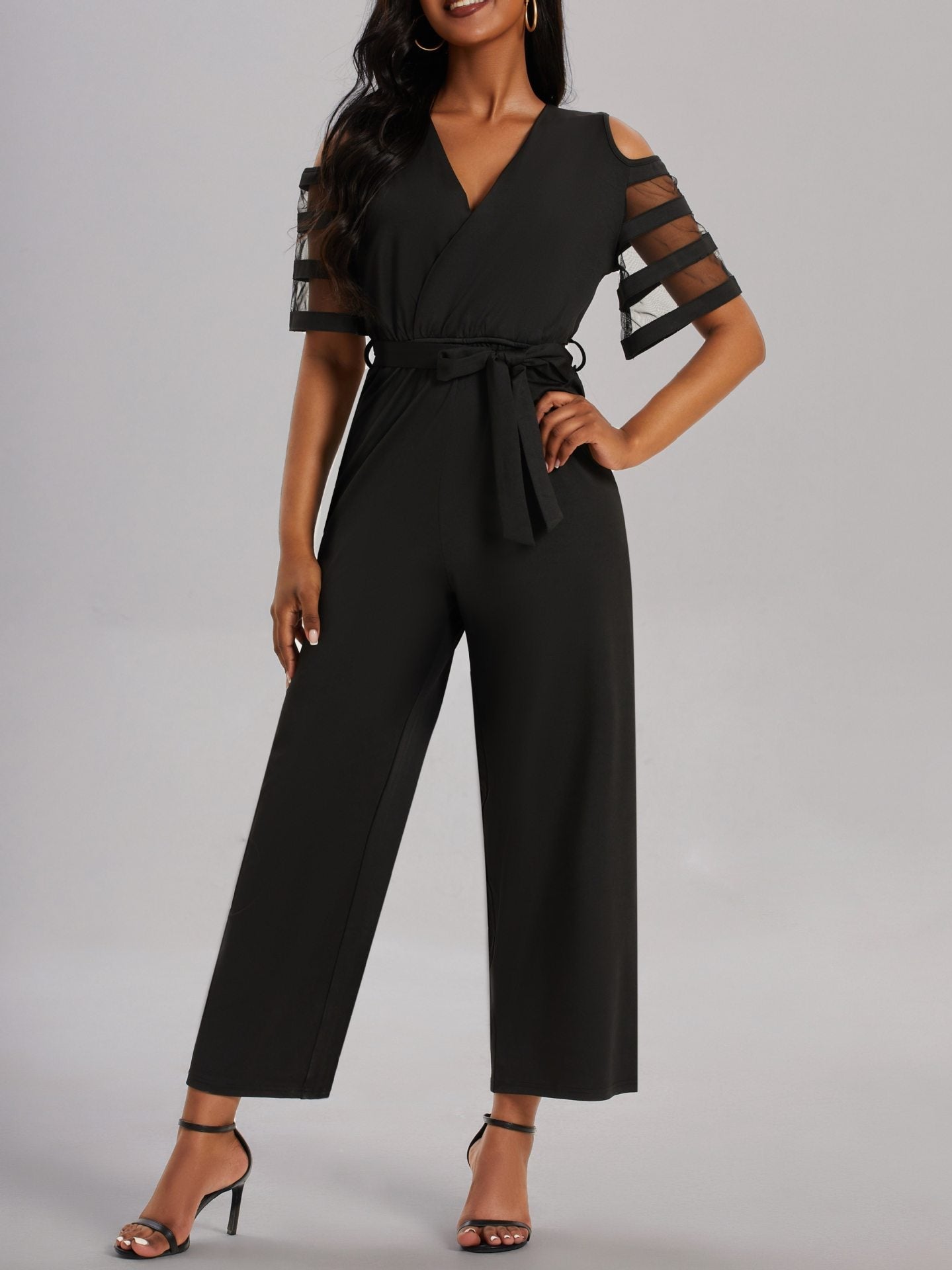 Damen Eleganter Jumpsuit mit transparenten Ärmel-Details und Taillengürtel Krohn-e