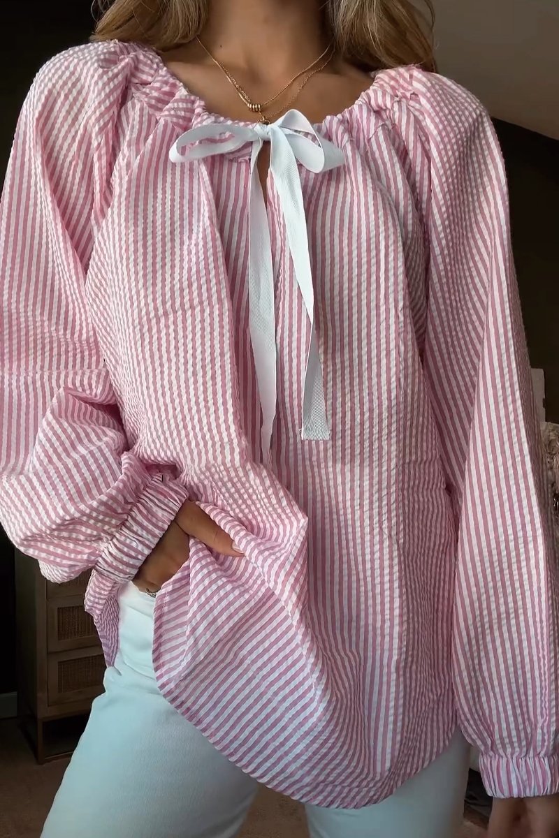 Damen Bluse mit elastischem Ausschnitt und Schleifenbindung Krohn-e