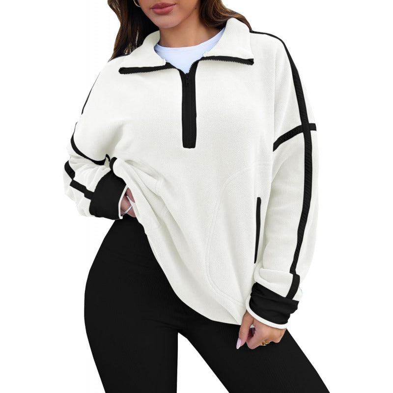 Damen Fleecpullover mit halbem Reißverschluss und kontrastierenden Ärmeln Krohn-e