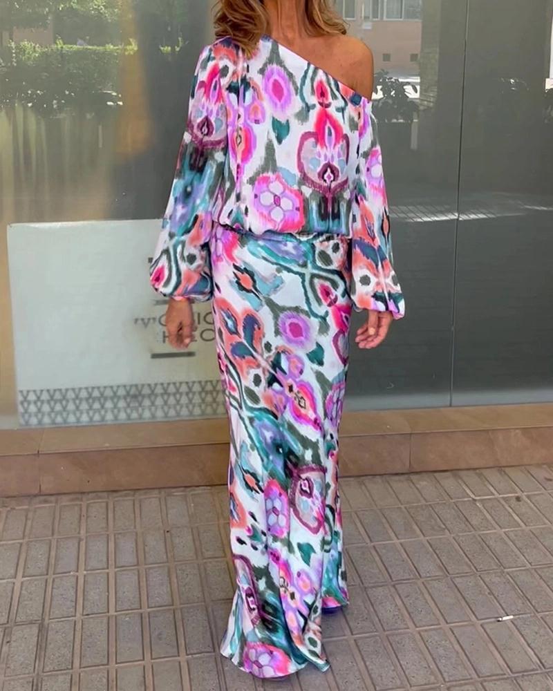Damen Elegantes Maxikleid im grafischen Batikdesign mit Off-Shoulder-Ausschnitt und voluminösen Ärmeln Krohn-e