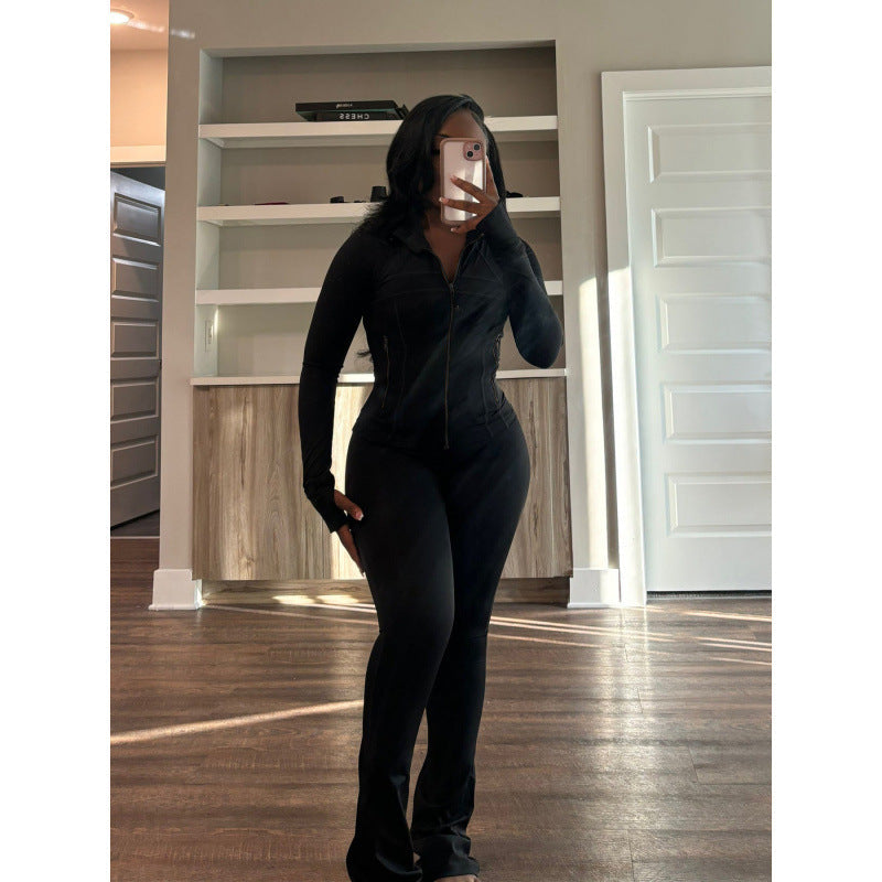 Damen figurbetonender Jumpsuit mit Hochkragen und durchgehendem Reißverschluss Krohn-e