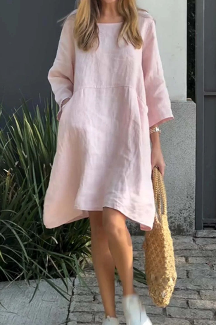 Damen lässiges Leinenkleid mit praktischen Taschen und asymmetrischem Saum Krohn-e