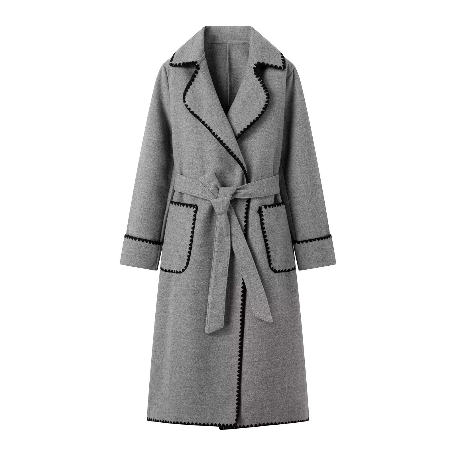 Damen elegante Übergangsjacke mit dekorativem Gürtel und hochwertigen Taschen Krohn-e