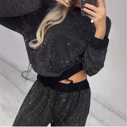 Damen Glitzerndes Freizeitset mit Cropped Sweater und bequemer Hose Krohn-e