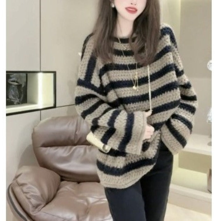 Damen Grobstrickpullover mit lässigem Streifenmuster und voluminösen Ärmeln Krohn-e - Krohn-e