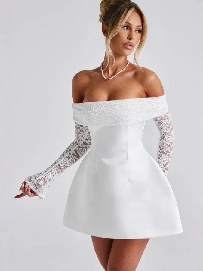 Damen Off-Shoulder Kleid mit floralen Spitzenärmeln und schwingendem Rock Krohn-e
