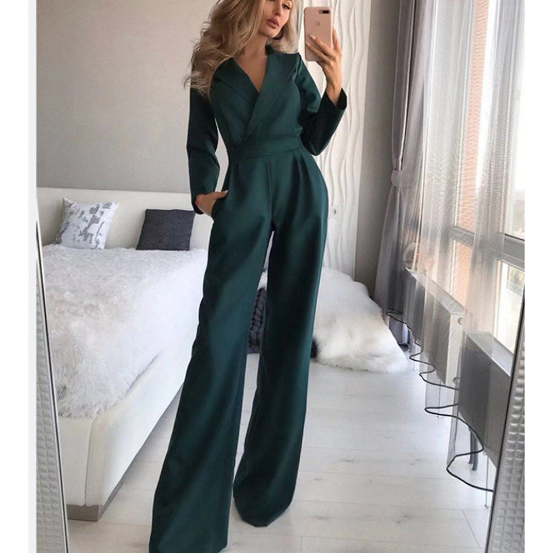 Damen eleganter Jumpsuit mit langem Bein und klassischem Schauspielkragen Krohn-e