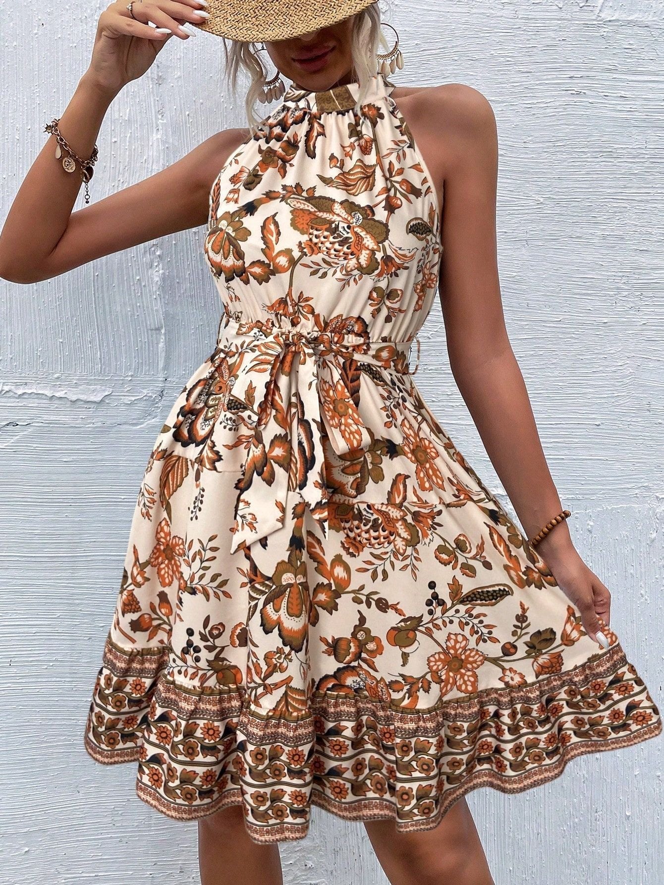 Damen Sommerliches Kragenkleid mit floralem Design und Bindegürtel Krohn-e
