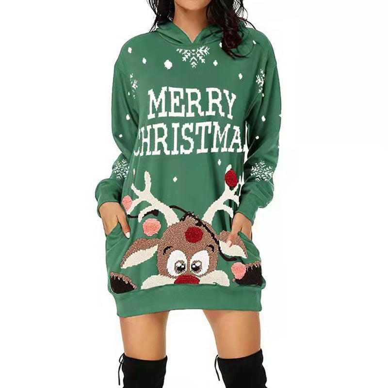 Damen Kapuzenkleid mit niedlichem Rentiermotiv und weihnachtlichem Schriftzug Krohn-e