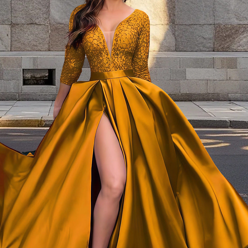 Damen Elegantes Abendkleid mit tiefem V-Ausschnitt und seitlichem Schlitz Krohn-e