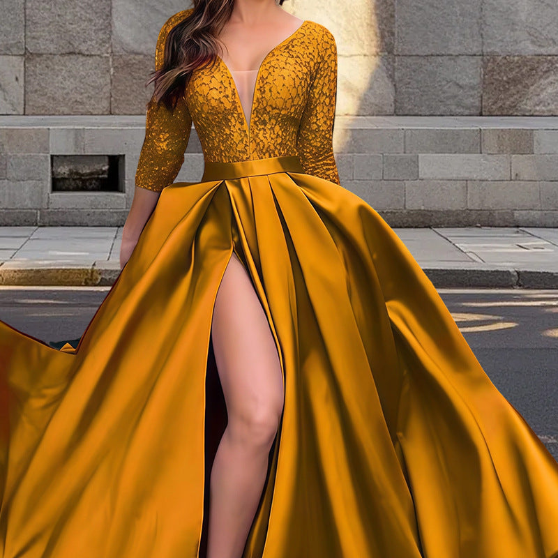 Damen Elegantes Abendkleid mit tiefem V-Ausschnitt und seitlichem Schlitz Krohn-e
