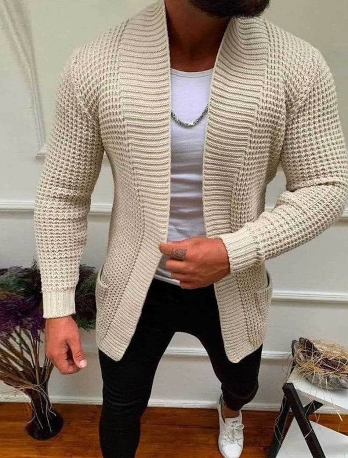 Herren Grobe Strickjacke mit offenem Design und tiefem Kragen Krohn-e