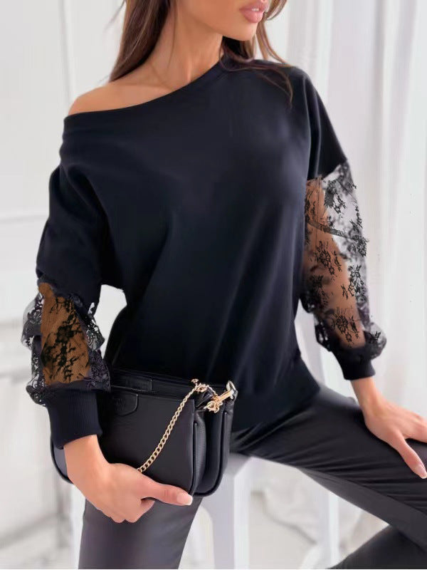 Damen eleganter Pullover mit transparenten Spitzenärmeln und asymmetrischem Ausschnitt Krohn-e
