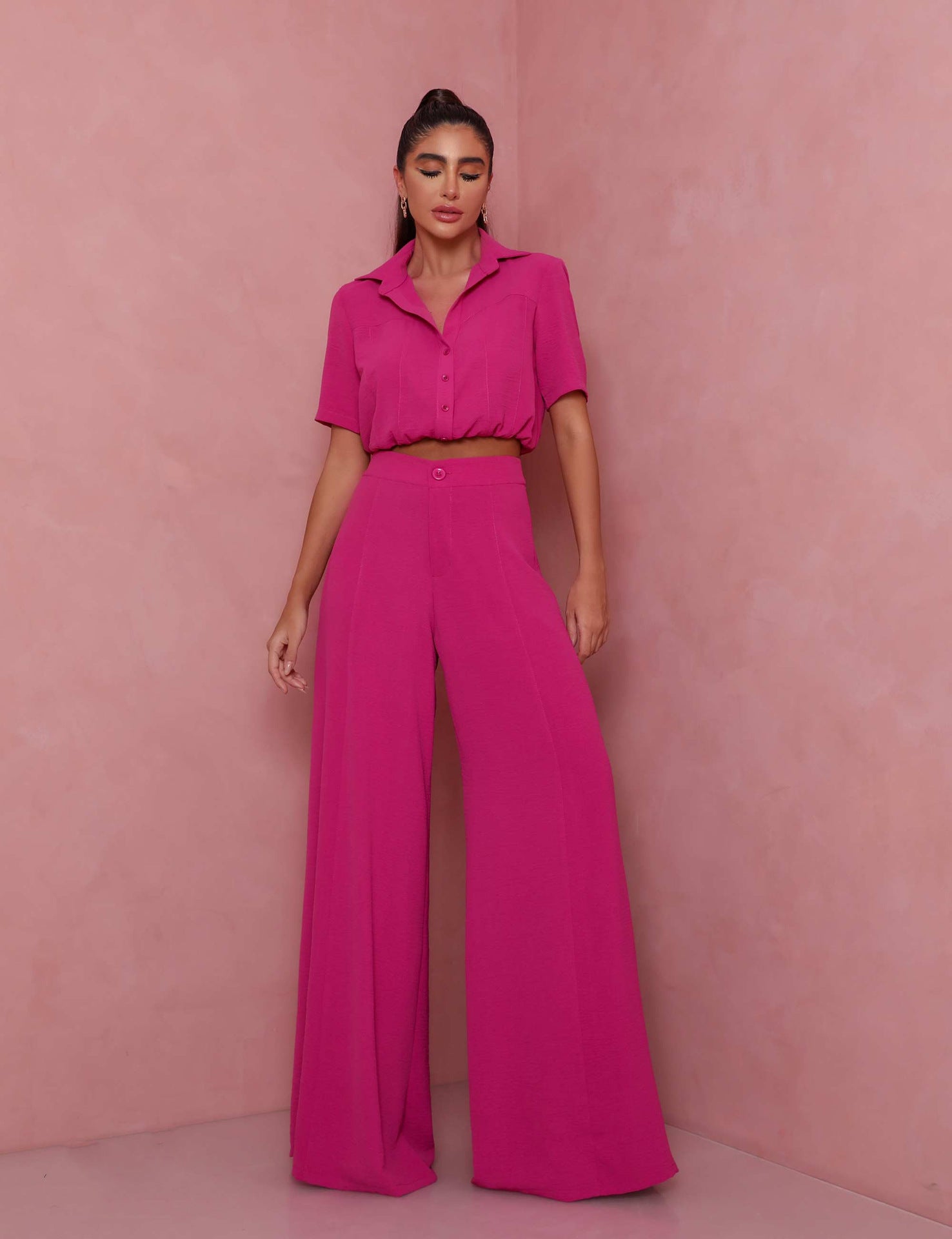 Damen Elegantes Kurzarm-Blusen und Palazzo-Hosen-Ensemble Krohn-e