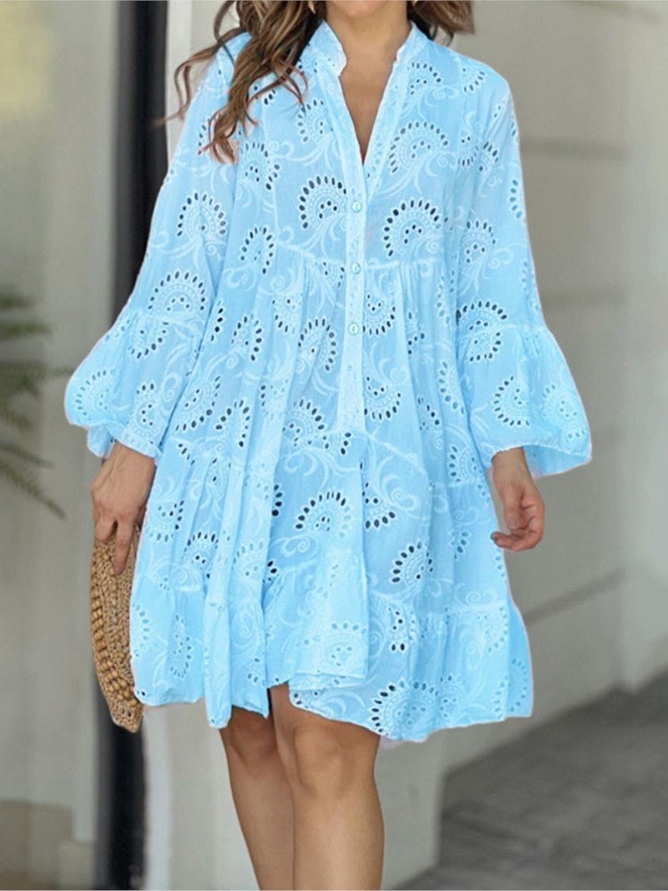 KROHN-E Damen Mini-Kleid Gestuft Stickerei Ballonärmel Sommer