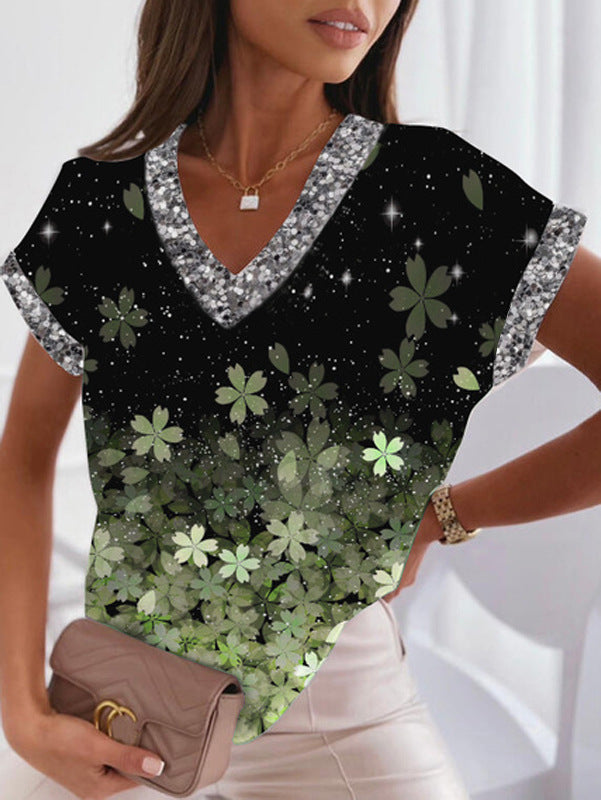 Fudus modisches T-Shirt mit V-Ausschnitt und Fledermausärmeln