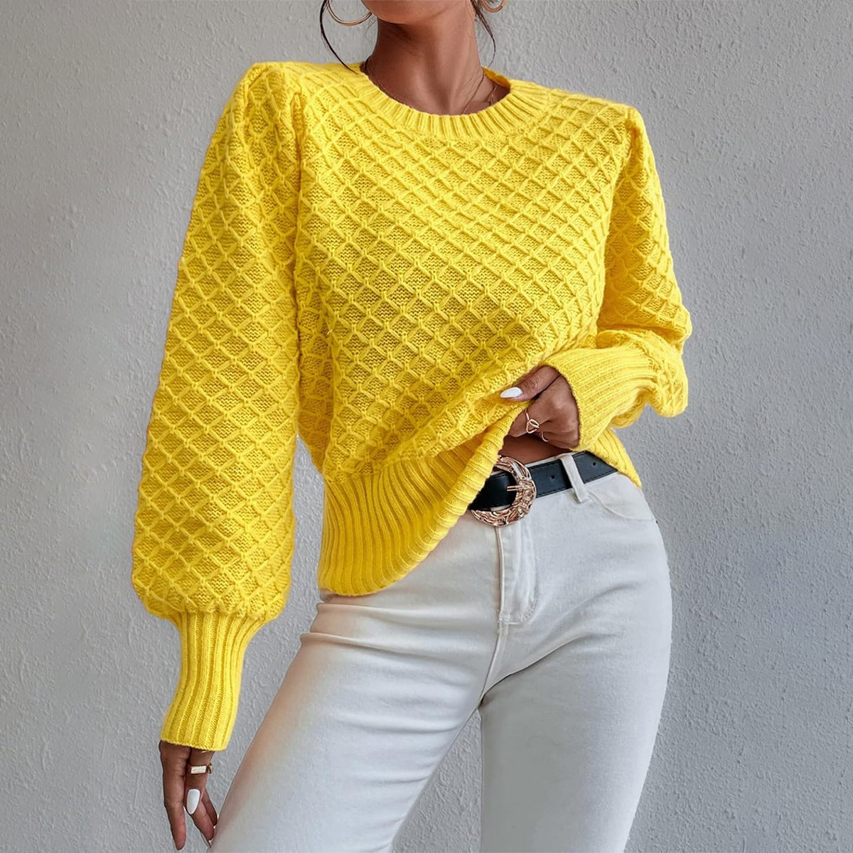 Krohn-e | Pullover Sweatshirt Wollmischung Relaxed Fit Gestepptes Muster Rundhalsausschnitt