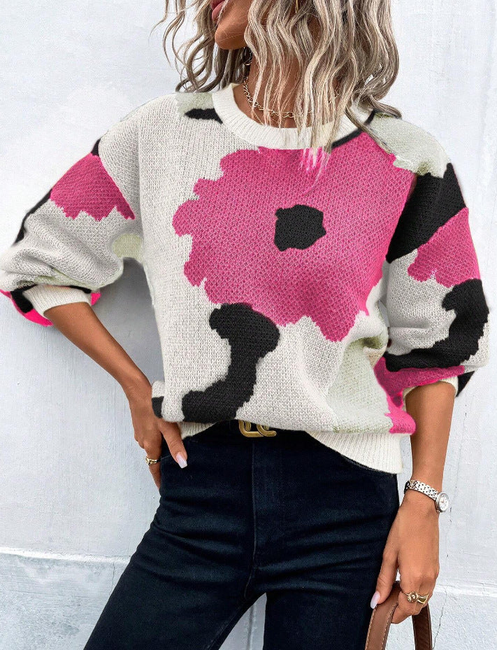 Krohn-e | Pullover Pullover Strickstoff Lockere Passform Rundhals Ballonärmel Gemustert