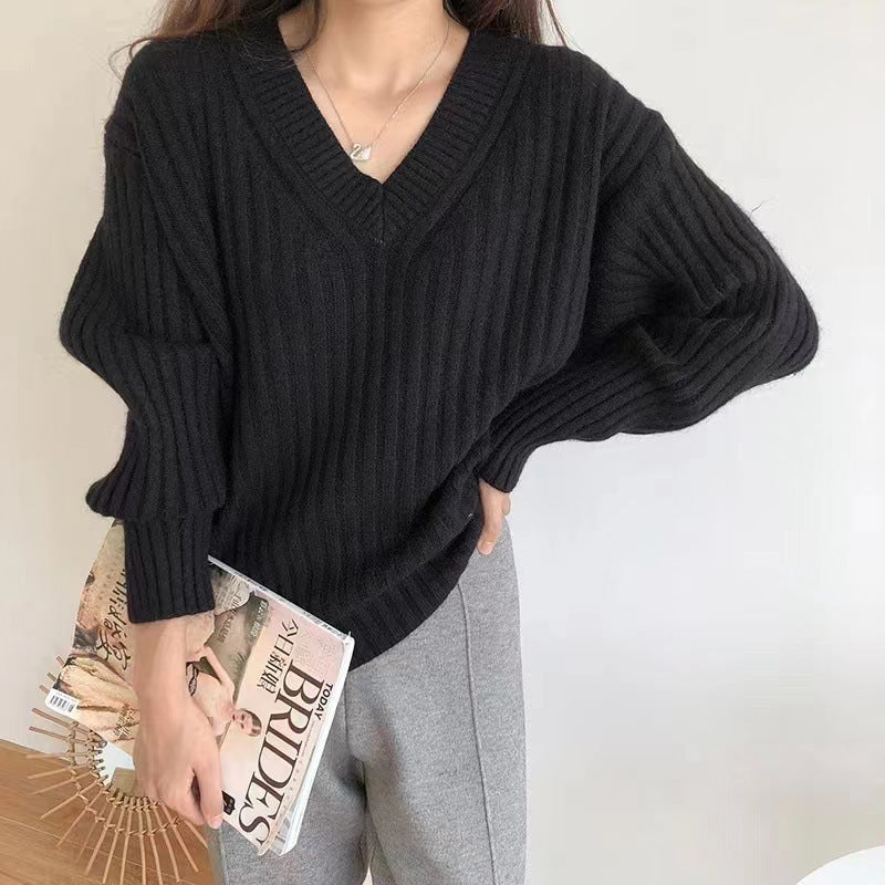 Damen Viskose-Strickpullover mit V-Ausschnitt und geripptem Design Krohn-e