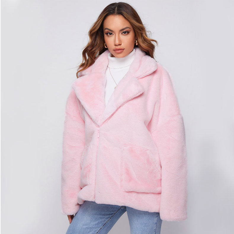 Damen Flauschige und stylische Freizeitjacke mit tiefem Reverskragen Krohn-e