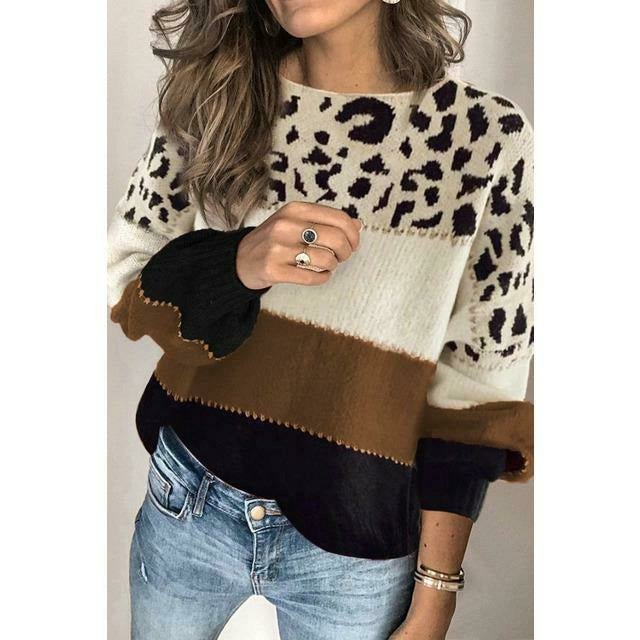 Krohn-e | Pullover - Damen Herbst Leopard Patchwork Strickpullover
