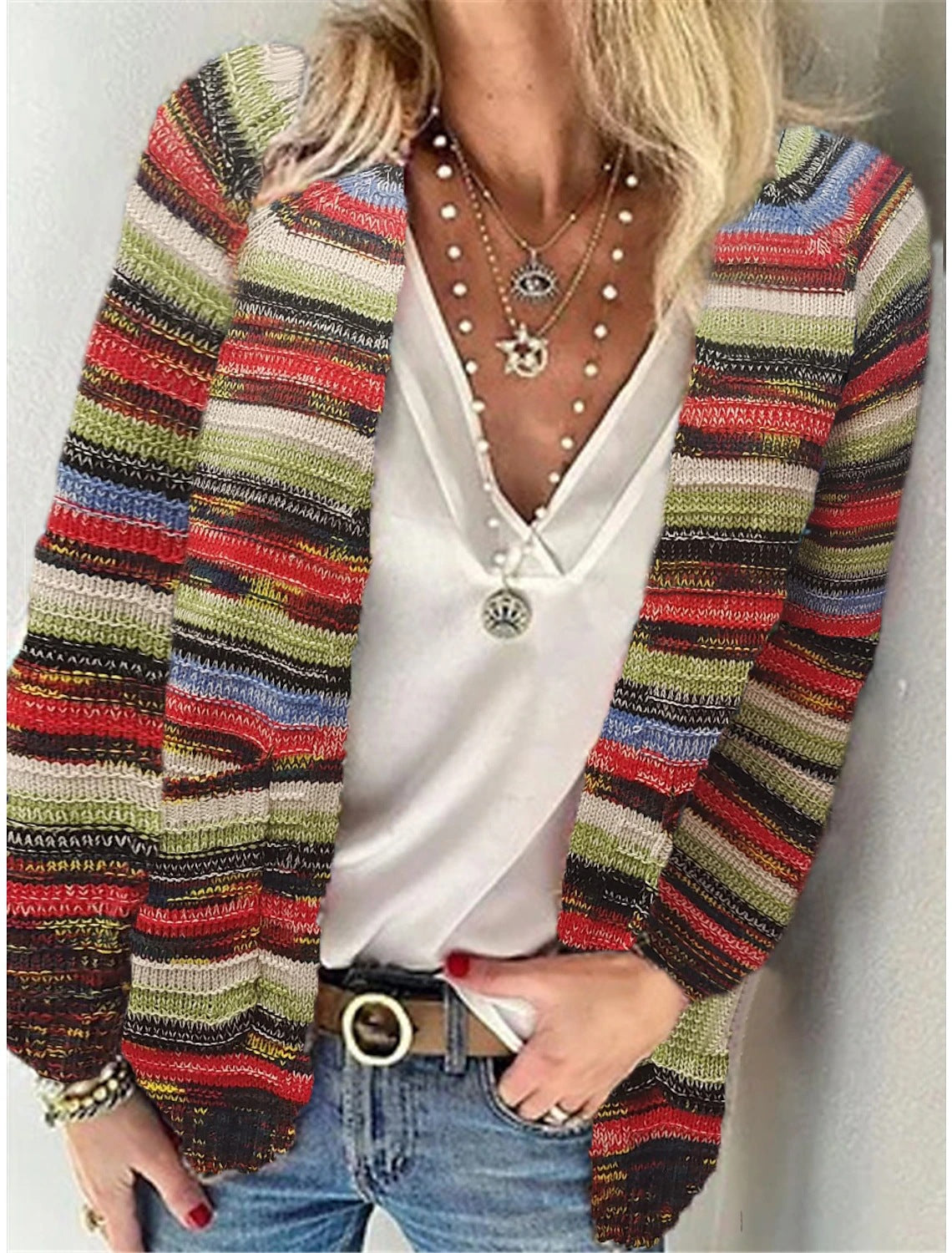Damen Offen gestrickte Cardigan mit bunten Streifen und lässigem Schnitt Krohn-e