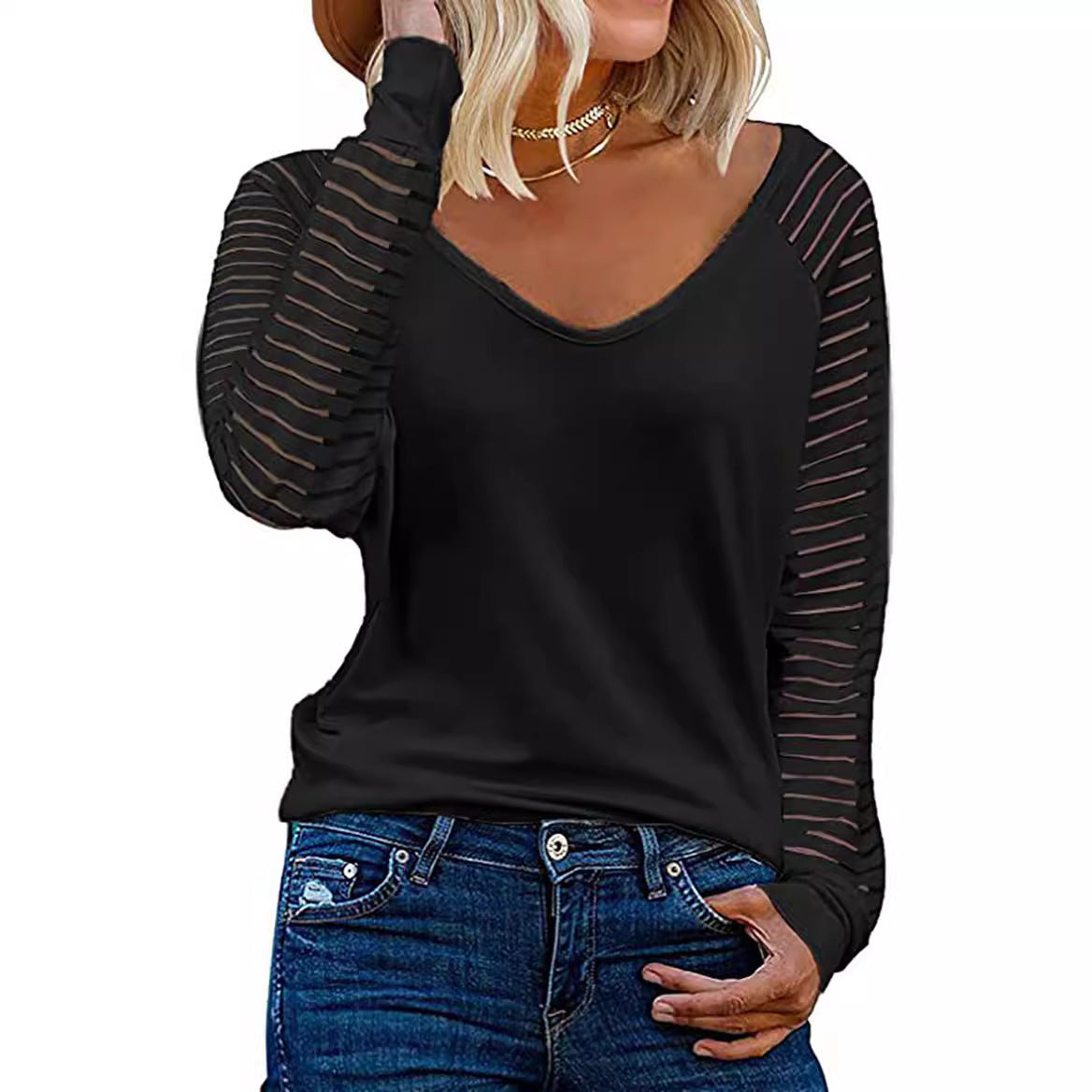 Damen Langärmliges V-Ausschnitt Shirt mit gestreiften Ärmeln Krohn-e
