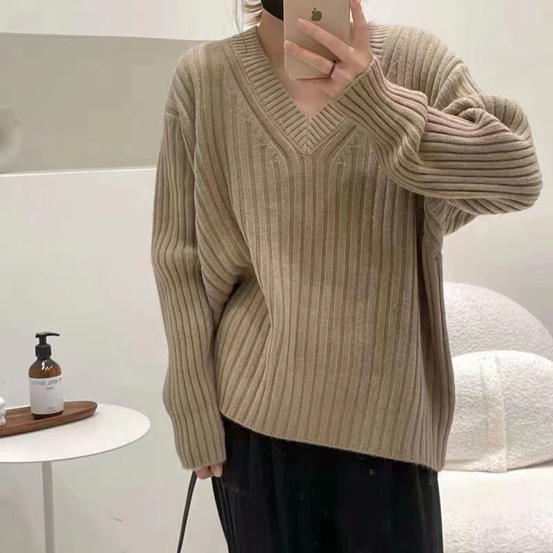 Damen Viskose-Strickpullover mit V-Ausschnitt und geripptem Design Krohn-e