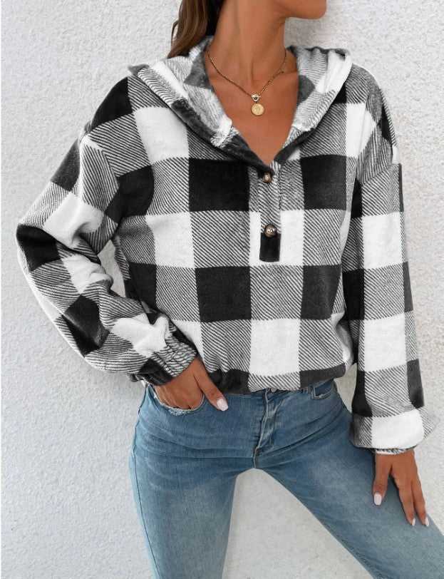Damen Gemusterte Karo-Hoodie-Bluse Krohn-e