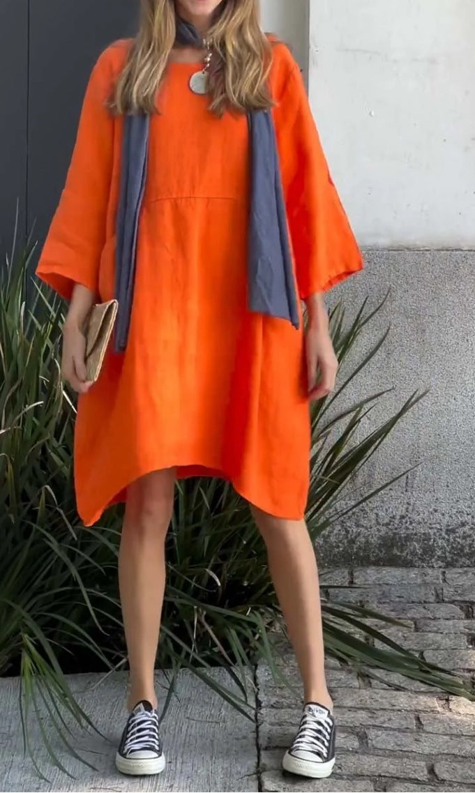 Damen lässiges Leinenkleid mit praktischen Taschen und asymmetrischem Saum Krohn-e