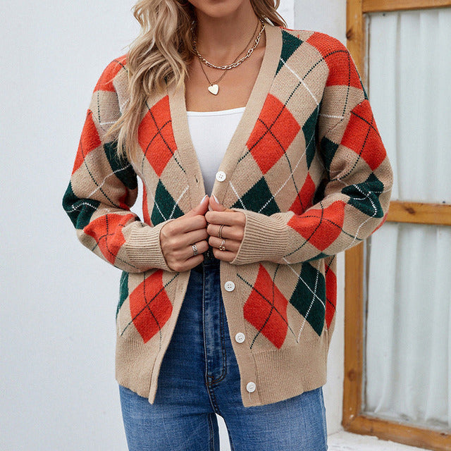 Krohn-e | Farbenfrohe Rautenmusterd Cardigan Polyester Lebhaft, Zeitlos