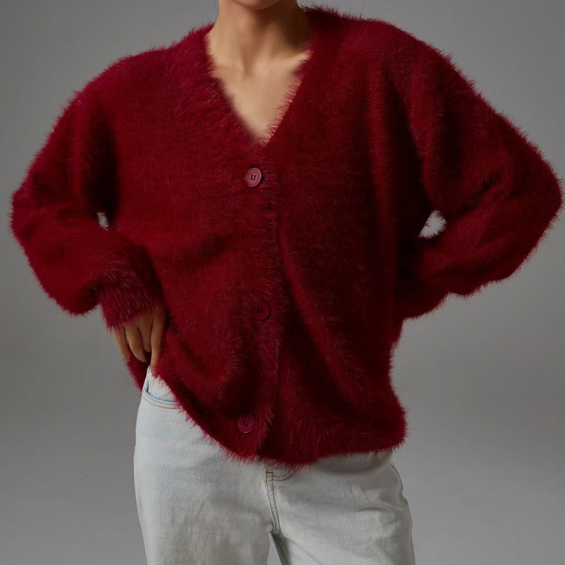 Damen flauschiger Cardigan mit V-Ausschnitt und übergroßem Schnitt Krohn-e