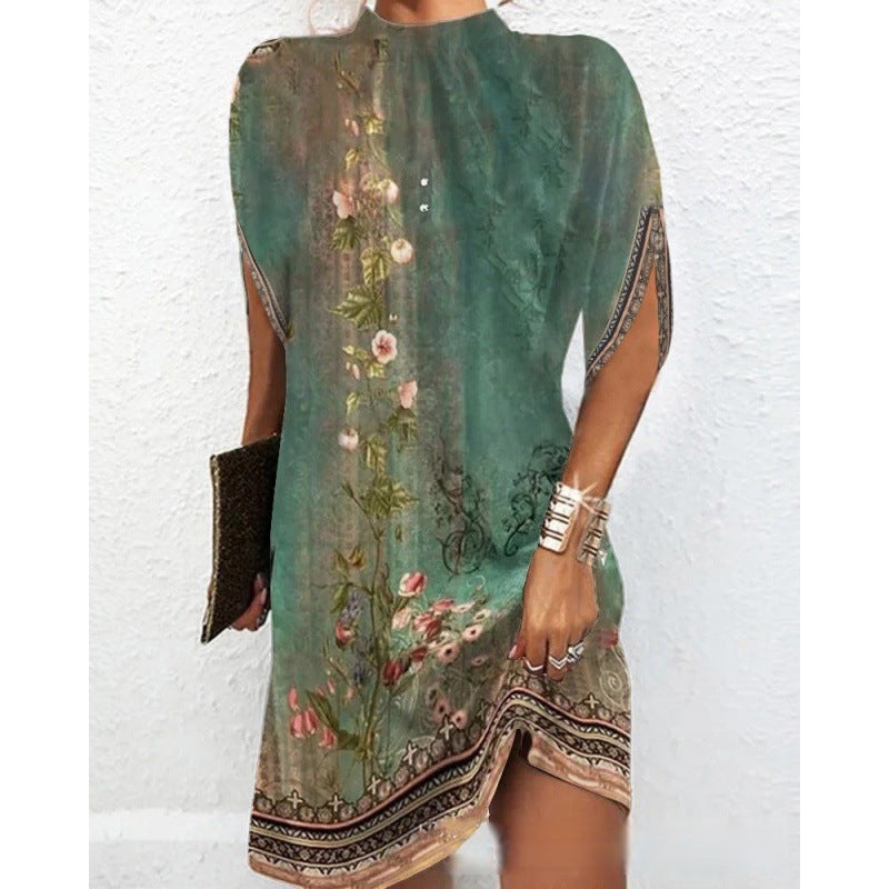 Elegantes Fudus Kleid mit Fledermausärmeln und Rundhalsausschnitt